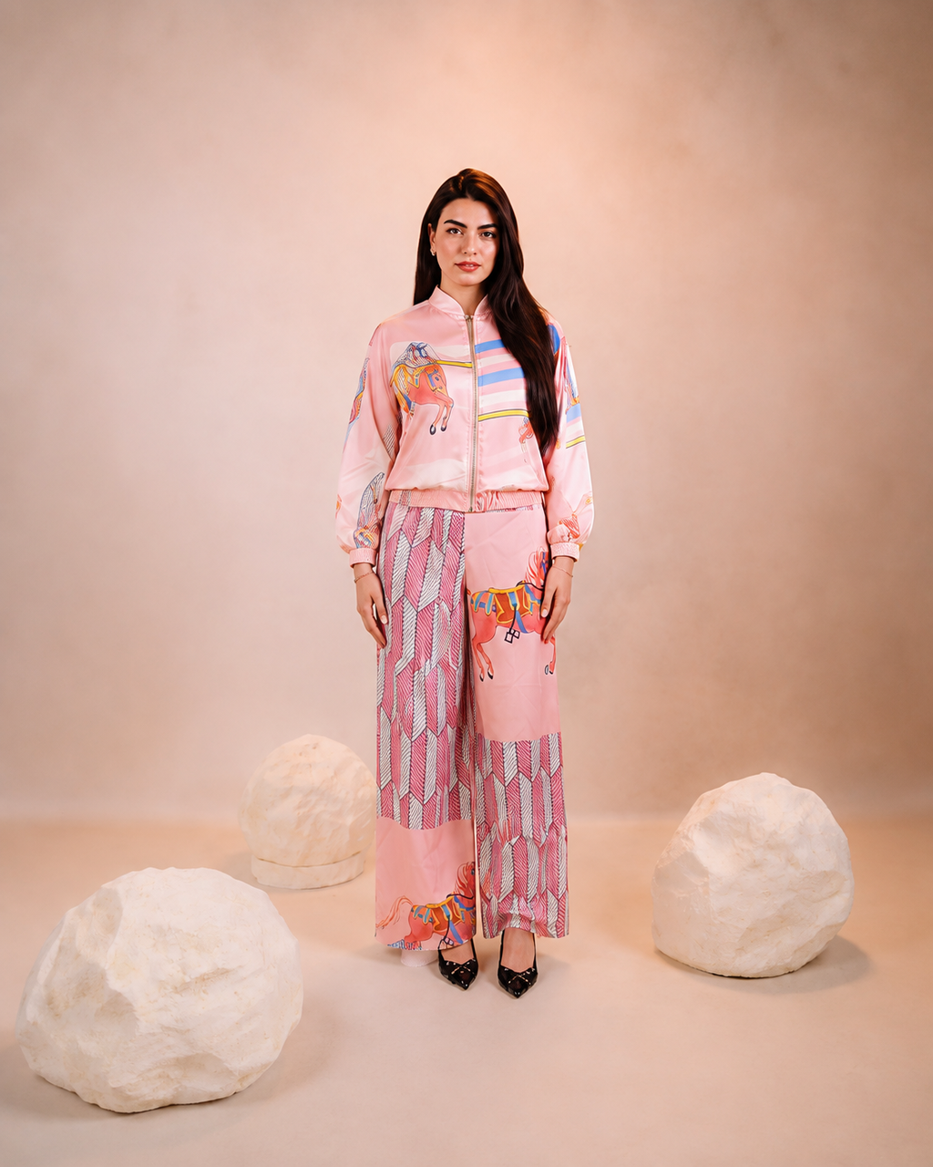 Elegant Pink Women’s Two-Piece Set with Colorful Horse Prints