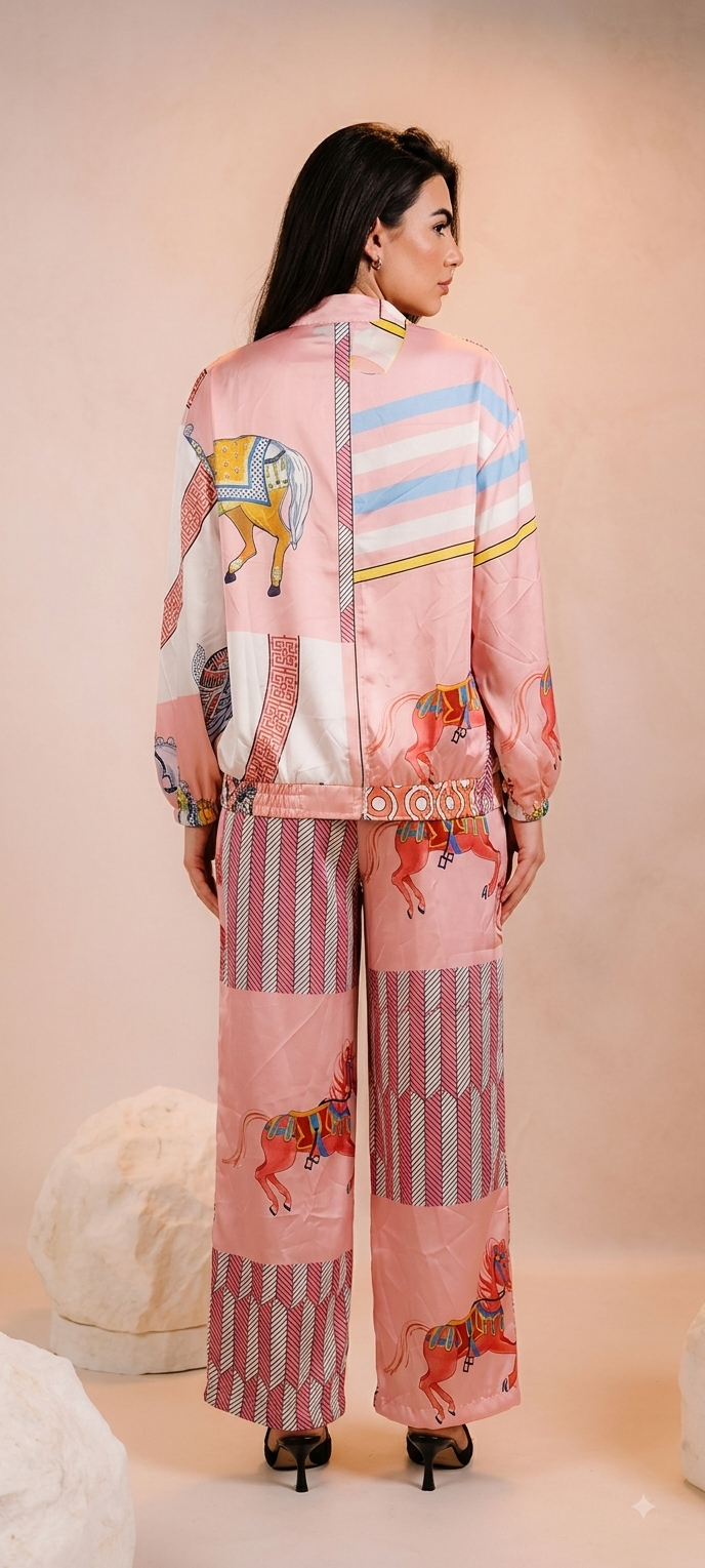 Elegant Pink Women’s Two-Piece Set with Colorful Horse Prints