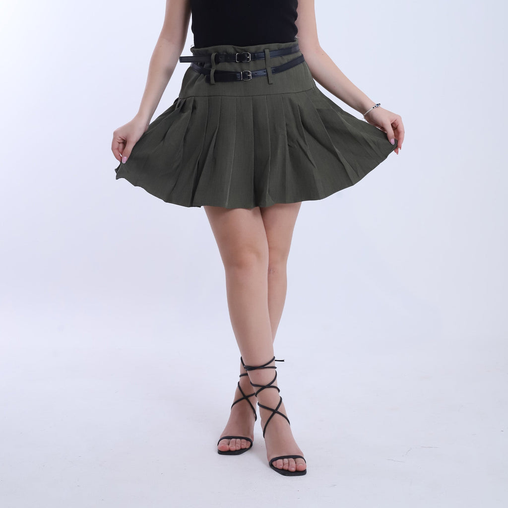 Short Pleated Skirt with 2 Belts