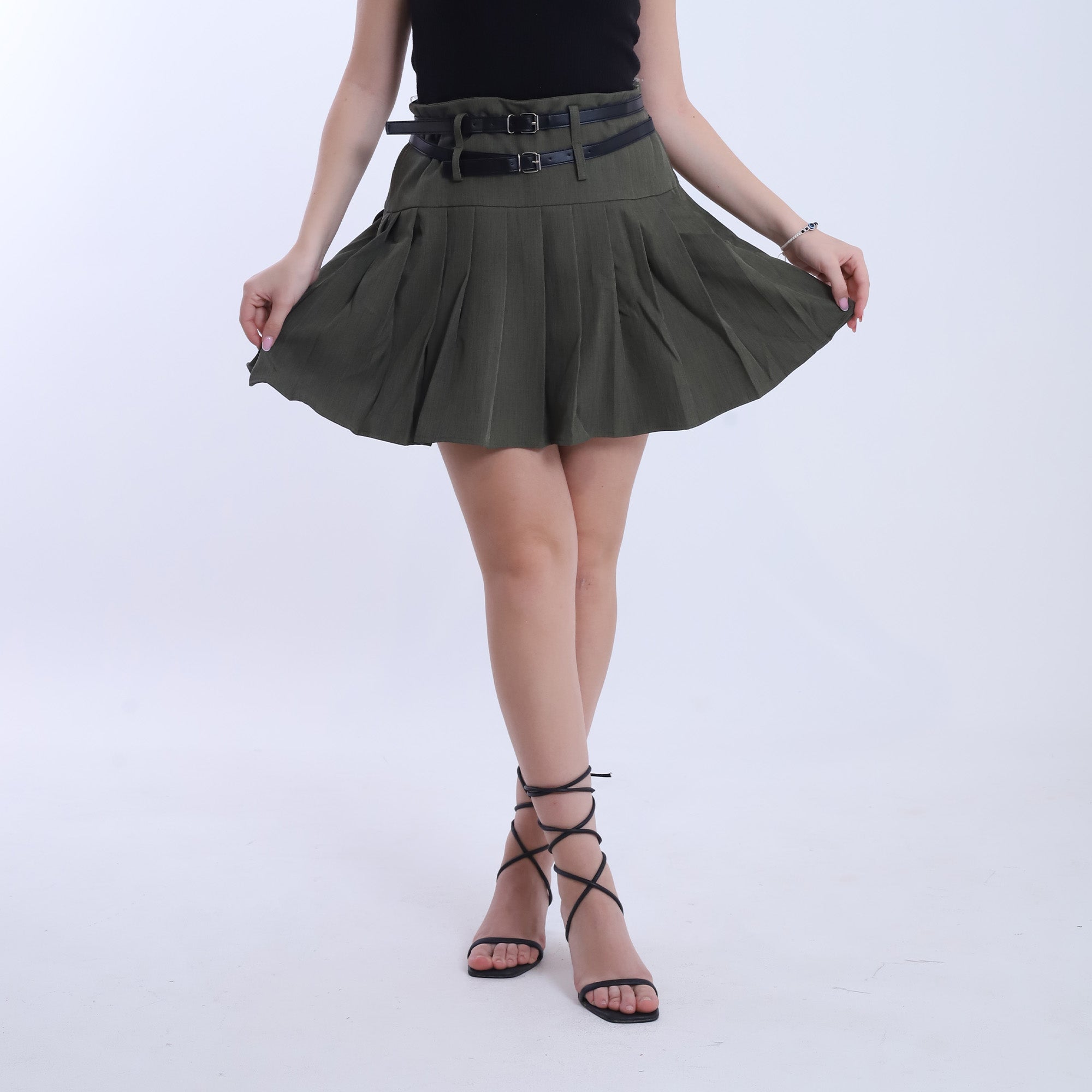 Short Pleated Skirt with 2 Belts