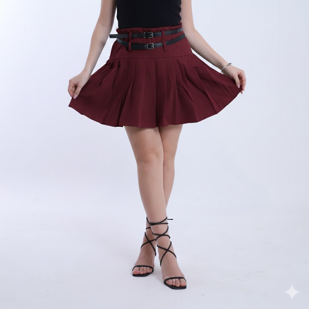 Short Pleated Skirt with 2 Belts