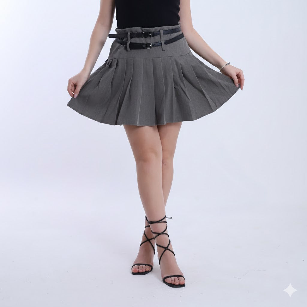 Short Pleated Skirt with 2 Belts