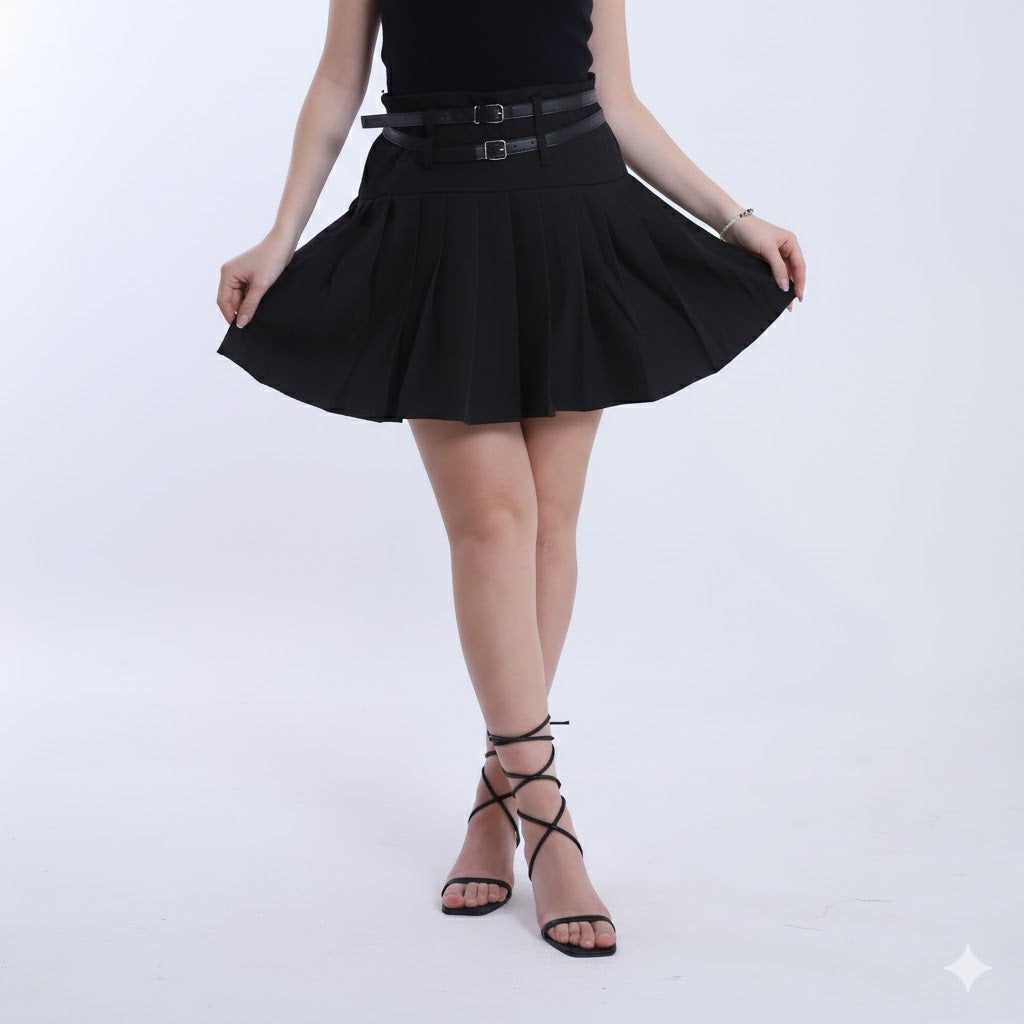 Short Pleated Skirt with 2 Belts