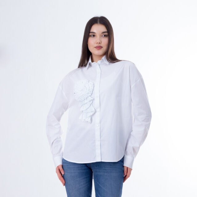 Button-Up Shirt with Ruffled Flower Detail - Image 11