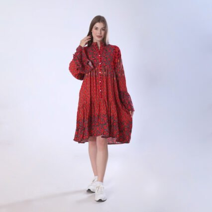 Bold Red Floral Print Midi Dress