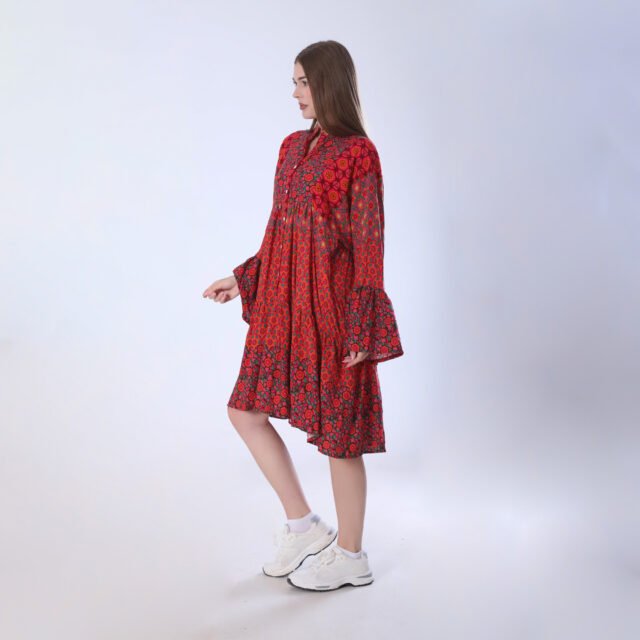 Bold Red Floral Print Midi Dress - Image 3