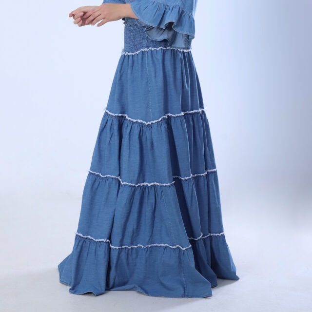 Elegant Blue Tiered Maxi Skirt with Ruffled Hem - Image 2