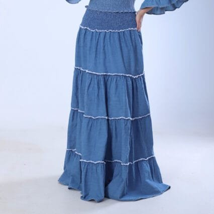 Layered Denim Blue Tiered Maxi Skirt