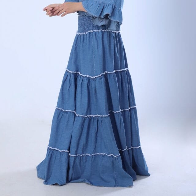 Layered Denim Blue Tiered Maxi Skirt - Image 2
